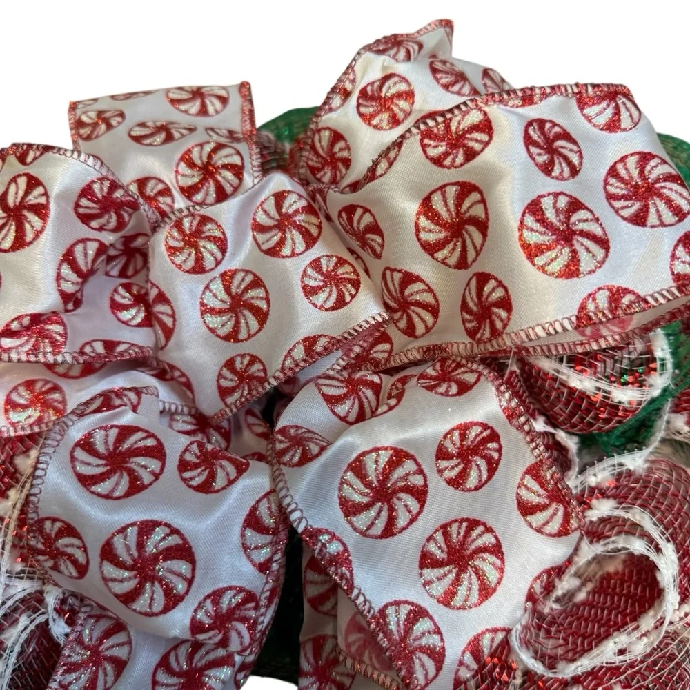 Handmade Peppermint Candy Deco Mesh Wreath Red, Green & White Swirl 22 inch
